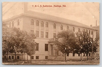 #ad Hastings Nebraska YMCA Auditorium Small Trees in Front 1908 Sepia Postcard $6.00