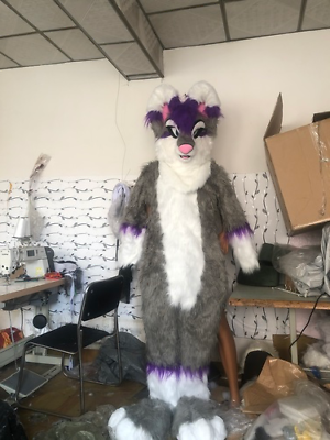 #ad Long Fur Gray Fursuit Husky Fox Dog Mascot Costume Unisex Cosplay Carnival $431.58