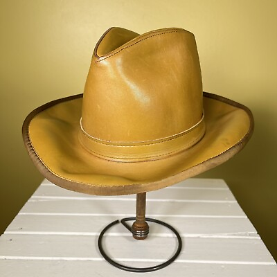 #ad Vintage Leather Hat Large Brown Fedora Brown Camel 8quot; Diameter Western Boho Sun $215.00