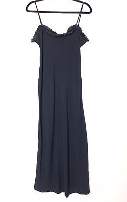 #ad Black Slip Dress M Rayon Ruffle Neck Accent Strappy Long OHM Brand EUC doen $22.00