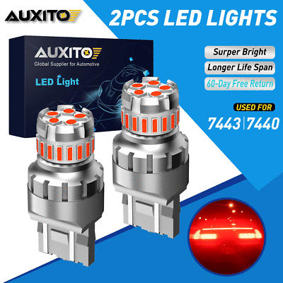 #ad AUXITO 7443 7440 LED Red Strobe Flash Brake Stop Tail Parking Light Bulbs CANBUS $13.49