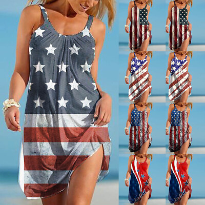 #ad Womens Printed Sleeveless Mini Tank Dress Ladies Summer Beach Casual Sundress US $12.41