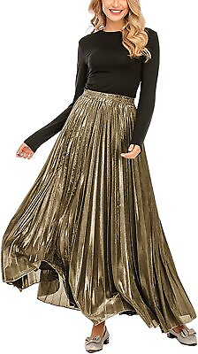 #ad Women#x27;s Premium Metallic Shiny Shimmer Accordion Pleated Long Maxi Skirt $22.99