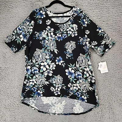 #ad Lularoe Shirt Womens 2XL Irma Black Blue Floral Short Sleeve Top NWT $19.00