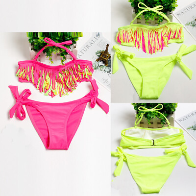 #ad Girls Kids Swimsuit Bikini Tassel 2 Piece Swimwear Swimming Costume Set summer $10.99