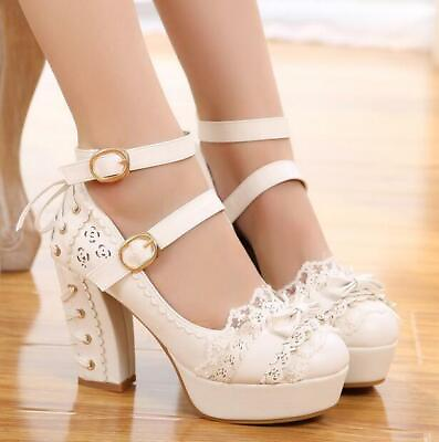 #ad Sweet Womens Round Toe chunky Heel Ankle Strap Mary Jane Lolita Lace party Shoes $18.56