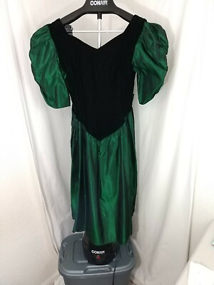 #ad VTG 80#x27;s Malene#x27;s Black and Green Velevet Taffeta with back bow Dress $64.99