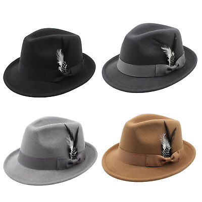 #ad Men Women#x27;s Feather Short Brim Wool Soft Felt Fedora Jazz Hat Panama Trilby Cap $14.99
