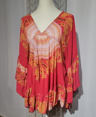 #ad Free People Sz S Red with Print Women#x27;s Blouse Oversized Sleeve $16.00