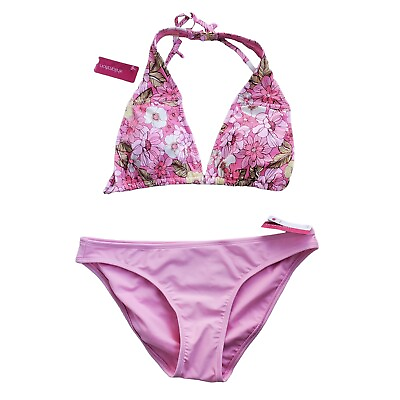 #ad Xhilaration Size L Bikini Swimwear Set Pink Halter Top Hipster Bottom $19.99