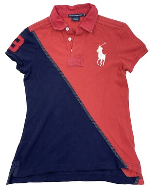 #ad Polo Ralph Lauren Sport Red Blue Pony Short Sleeve Golf Polo Shirt Top Women#x27;s M $18.85