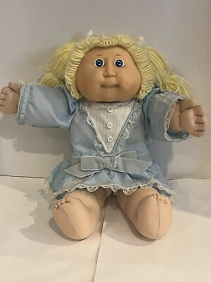 #ad Cabbage Patch Doll Vintage 1986 Girl Blonde Hair Blue Eyes Original Blue Dress $20.00