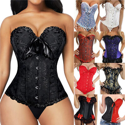 #ad Womens Lace Up Black Corset Bustier Floral Waist Trainer Overbust Sexy Lingerie $10.99