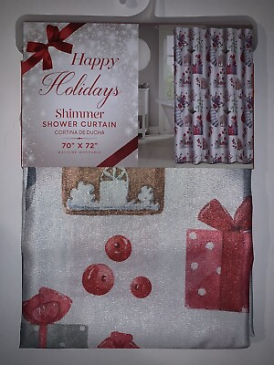 #ad Happy Holidays Shimmer Christmas Shower Curtain Stockings Presents 70”x72” $20.39