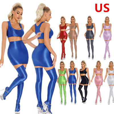#ad US Women#x27;s Glossy Oil Stocking Top and Bodycon Skirts Shiny Rave Party Clubwear $7.91