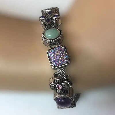 #ad Poesy Silver Tone Flat Chain Charm Bead Bracelet Purple Rhinestone Cross Flower $19.87