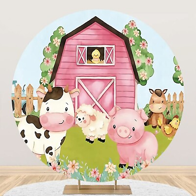 #ad Yeele 7.5x7.5ft Cartoon Farm Animals Party Round Backdrop for Kids Pink Barn ... $86.78