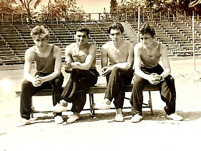 #ad 1950s Young Handsome Guys Affectionate Men Sitting at Stadium Gay Int Old Photo $22.50