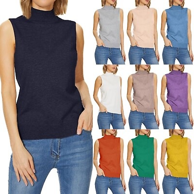 #ad Women Sleeveless Mock Neck Tops Sweater Turtleneck Soft Basic Knit Vest Tank Top $9.09
