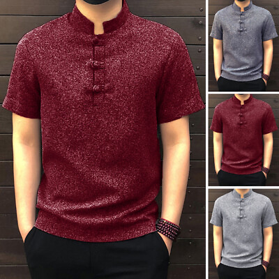 #ad Men#x27;s Chinese Kung Fu Shirts Short Sleeve Casual Traditional Tang Shirt Tops Tee $17.05