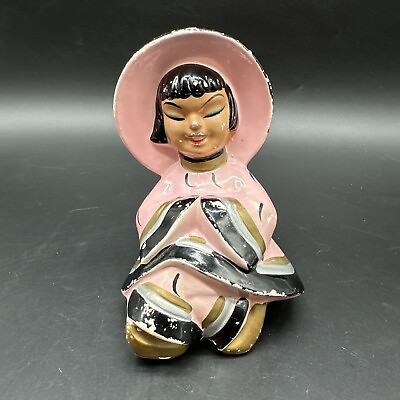 #ad MCM Kreiss Ceramics Asian Girl Shelf Sitter Pink amp; Black 1950#x27;s 5 Inch Kitsch $19.99