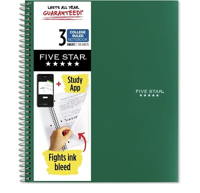 #ad Five Star Wirebound College Ruled Notebook 3 Subject 150 Pages. Green Blck Color $9.99
