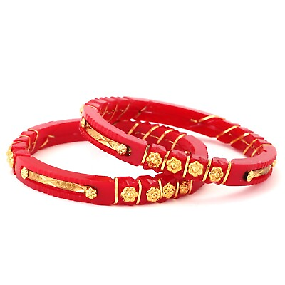 #ad Indian Traditional Women#x27;s Ethnic Gold Plated Sakha Pola Red Bangles Set $17.85