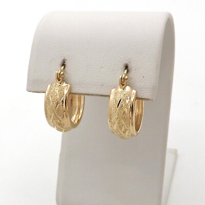 #ad 10k Gold Round Wide Hoop Earrings Diamond Cut Weave New $141.55