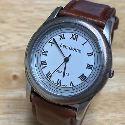#ad Vintage Handsome Mens Japan Movt Silver Leather Analog Quartz Watch New Battery $21.41
