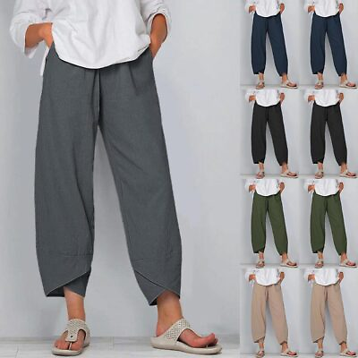 #ad Summer Women Ladies Cotton Linen Baggy Solid Casual Harem Pants Trousers Holiday $18.39