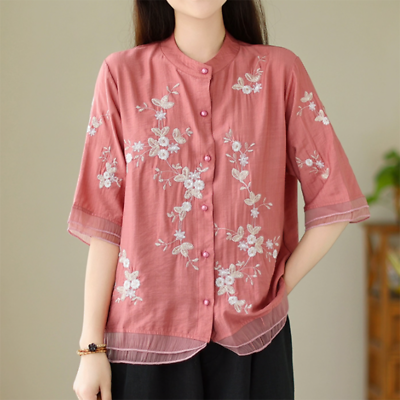#ad Women Chinese Ethnic Embroidered Floral Blouse Top Short Sleeve Shirt Patchwork $24.04