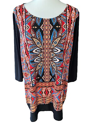 #ad RAFAELLA Womens 1X Tunic Length Geometric 3 4 Sleeve Top With Zipper Sides $12.44