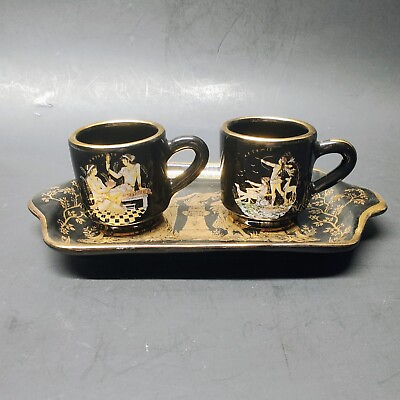 #ad 2 Cups amp; 1 Tray VINTAGE black Takoussis Greek Handmade In 24 K Gold Moschato $19.99