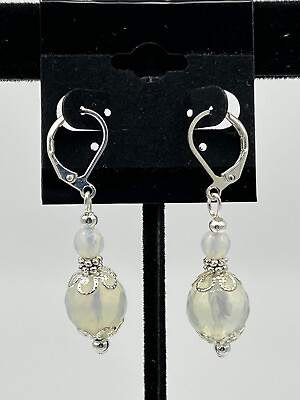 #ad Natural Moonstone Gemstone Beaded Sterling Silver Leverback Dangle Earrings $14.99