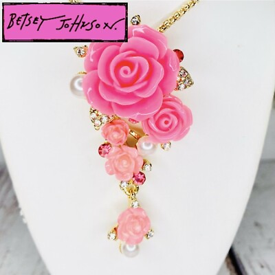 #ad Betsey Johnson 3D Pink Rose Crystal Rhinestone amp; Pearl Pendant Necklace Brooch $24.95