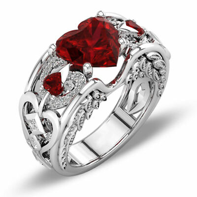 #ad Elegant 925 Sterling Silver Heart Red Garnet New Wedding Engagement Ring Size 7 $15.74