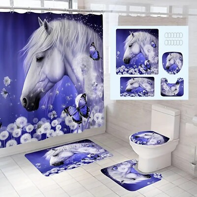 #ad 4pc Purple Floral Horse Shower Curtain Set $39.99