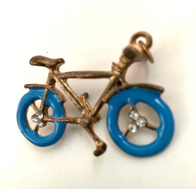 #ad Vintage Bicycle Pendant Charm Blue Wheels Rhinestones Metal Bike Gold Tone $11.49