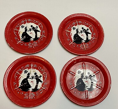 #ad Set of 4 Vintage Metal Coasters Tea Saucer Kids Red Man Lady Flowers Love Retro $25.00