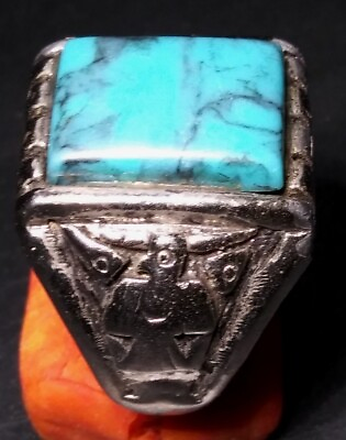 #ad Vintage Navajo Mens Silver Palted Ring Large Flux Turquoise Thunderbird Size 11 $150.00
