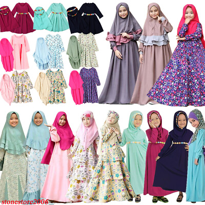 #ad 2 Piece Dress Girls Kids Prayer Caftan Abaya Muslim Hijab Kaftan Islamic Ramadan $20.92