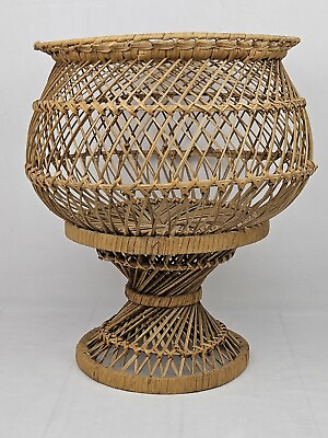 #ad Vintage Natural Rattan Wicker Plant Stand Basket Artificial Fern Holder 15quot; Tan $95.00