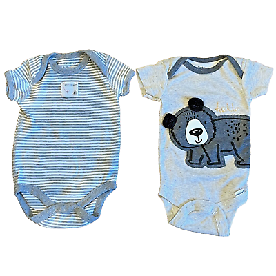 #ad Baby One Piece Set of Two 0 3 mos Grey White Bear Stripes $9.99