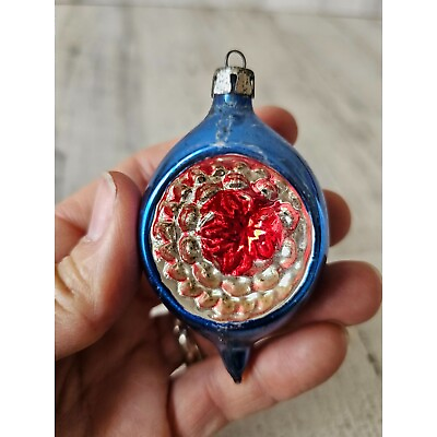 #ad Vintage indent blue mini teardrop reflector ornament glass mercury blue red Xmas $22.27