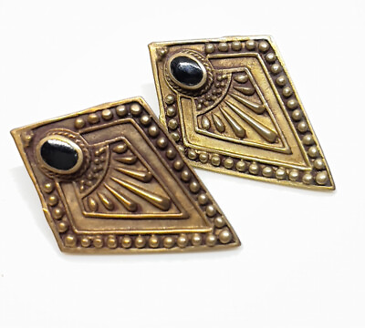 #ad Vintage Estruscan Style Black Stone Brass Pierced Earrings Embossed $15.00
