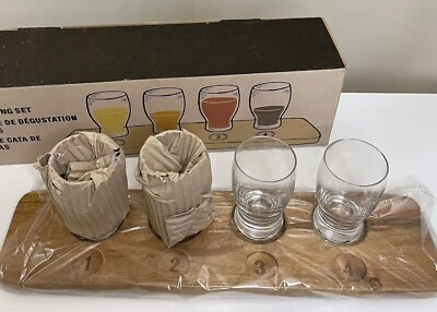 #ad Beer Flight Crate And Barrel Four 8oz Glasses Acacia Wood Board. New In Box $17.00