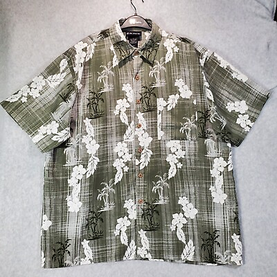 #ad Oxide Button Up Shirt Adult Large Green White Palm Tree Floral Hawaiian Mens $31.95