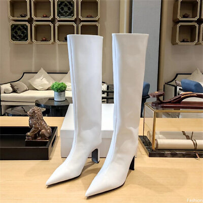 #ad Womens Leather Pointed Toe Side Zip High Heels Pull On Knee High Boots Runway $80.38