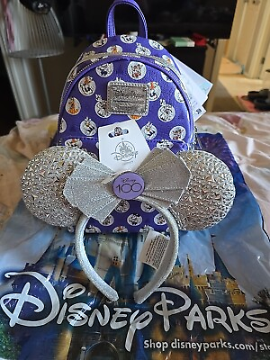 #ad Disney#x27;s100 Anniversary Loungefly Backpack amp; Minnie Mouse100 Cast Member Ears BN $175.50
