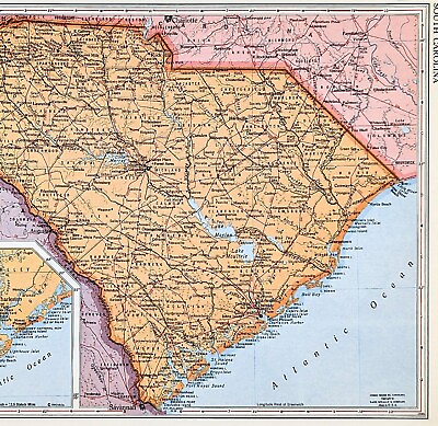#ad 1956 SOUTH CAROLINA MAP Columbia Charleston Greenville ORIGINAL Railroads $20.00